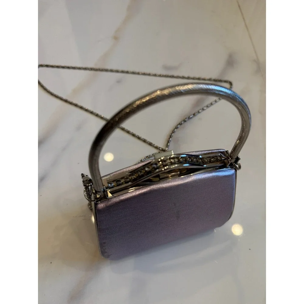 Lavender Satin Rhinestone Evening Bag Mini Handbag‎ Crossbody Silver Chain